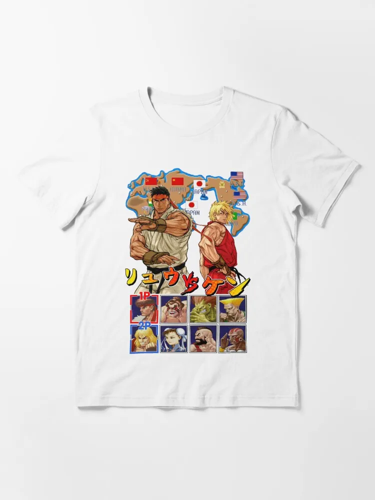 Street Fighter Character Map Print T-shirt Men Retro Game Short Sleeve Trendy High Quality Pure Cotton Loose Casual Streetwear