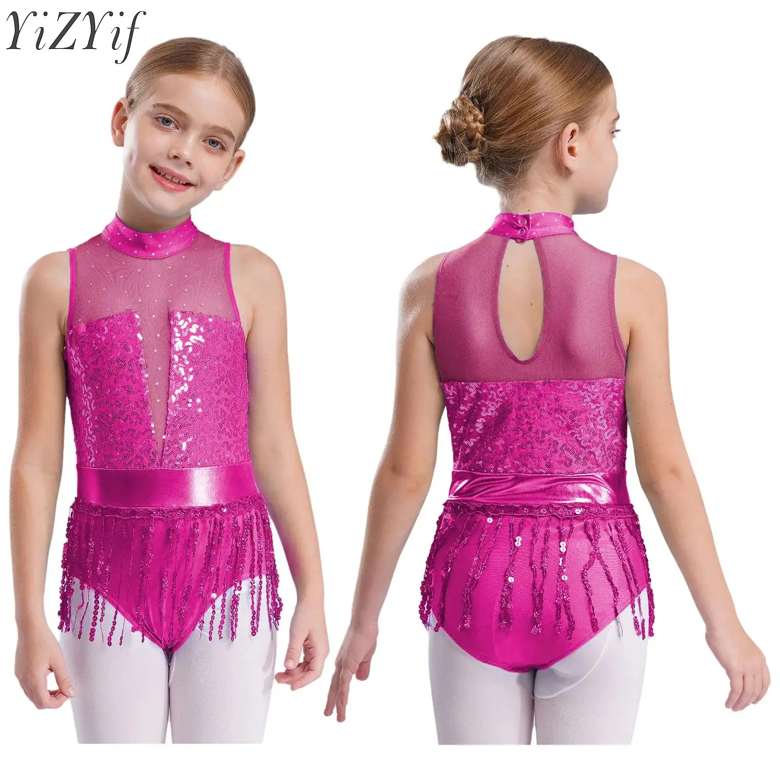 Kids Girls Sequins Tassels Ballet Dance Leotard Gymnastics Skirted Bodysuit Figure Ice Skating Fringed Dance Performance Costume