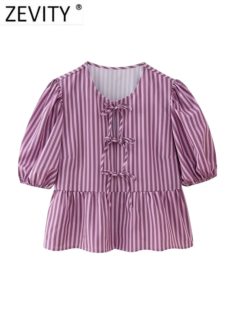 Zevity Women Sweet O Neck Pleat Puff Sleeve Striped Print Blouse Female Chic Bow Tied Lace Casual Ruffle Shirt Blusas Tops LS304