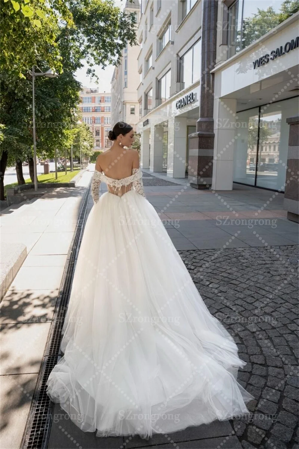 Graceful Off Shoulder Tulle A-line Train Backless Wedding Dress Lace Long Sleeve Boho Bridal Dress with Pearls Custom Made