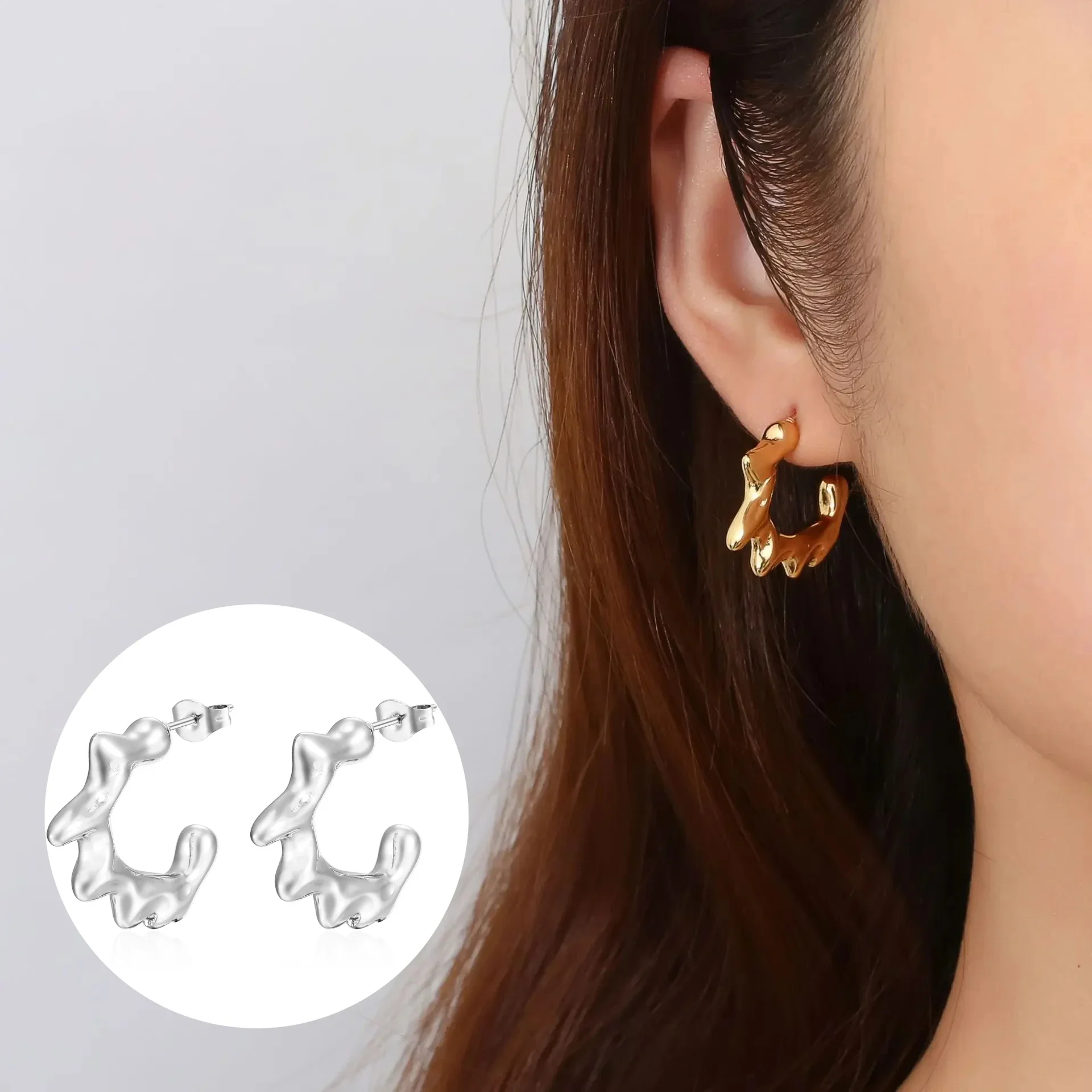 New Vintage Metal Texture Thick Metal Exaggeration Hoops Earrings for Women Wrinkle Irregular Wave Earrings