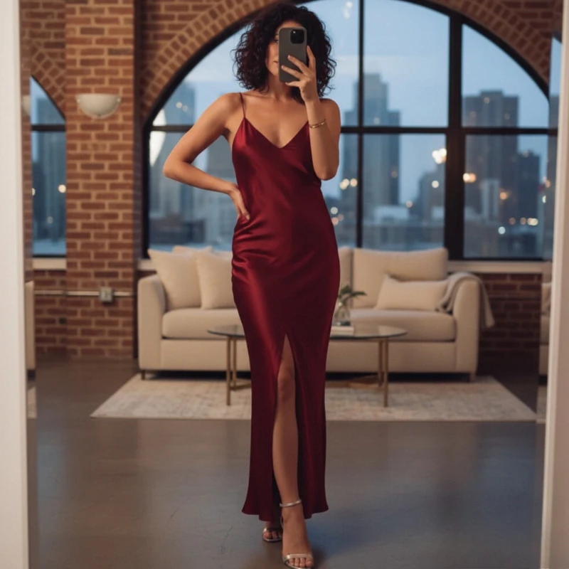 

Tsiisd Elegance Satin Camisole Long Dress Women V-Neck High-Waist Fashion Solid Spaghetti Party Dress 2026 New Female Long Dress
