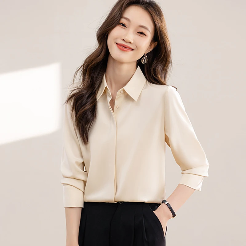 Chemises en Satin simples pour femmes, couleur unie, manches longues, chemisier formel de bureau, hauts décontractés, vêtements à la mode pour femmes, nouvelle collection 2025