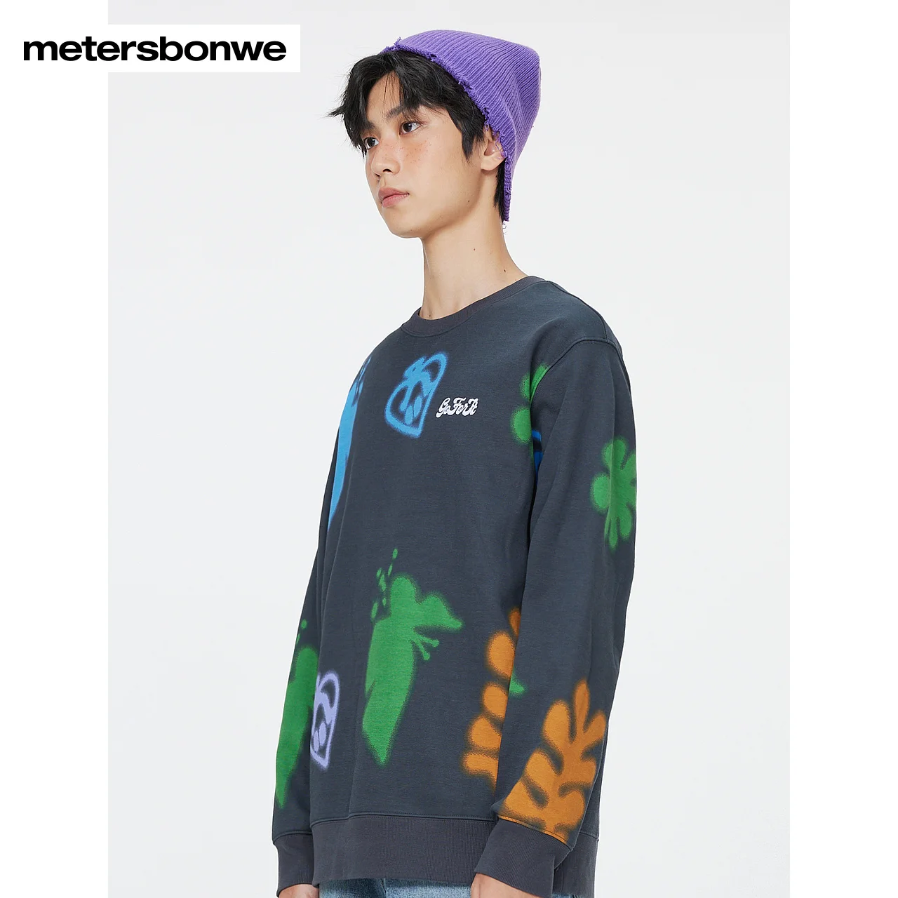 

Metersbonwe-Men's Crewneck Full Print Pullover Loose Long Sleeves Sweatshirt Youth Commuter Casual High Quality Winter