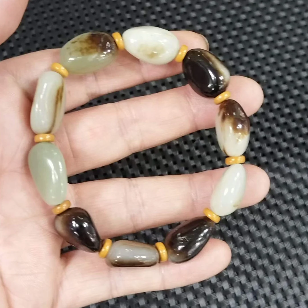 New Natural Hotan Jades Raw Stone Natural-color JadeBangles Handring Exquisite Jadeite Bracelet Beads Hand-string Fine Jewelry
