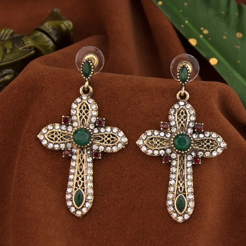 Sunspicems Vintage Turk Cross Earring Long Dangle Earring For Women Antique Gold Color Resin Crystal Multicolor Religion Jewelry