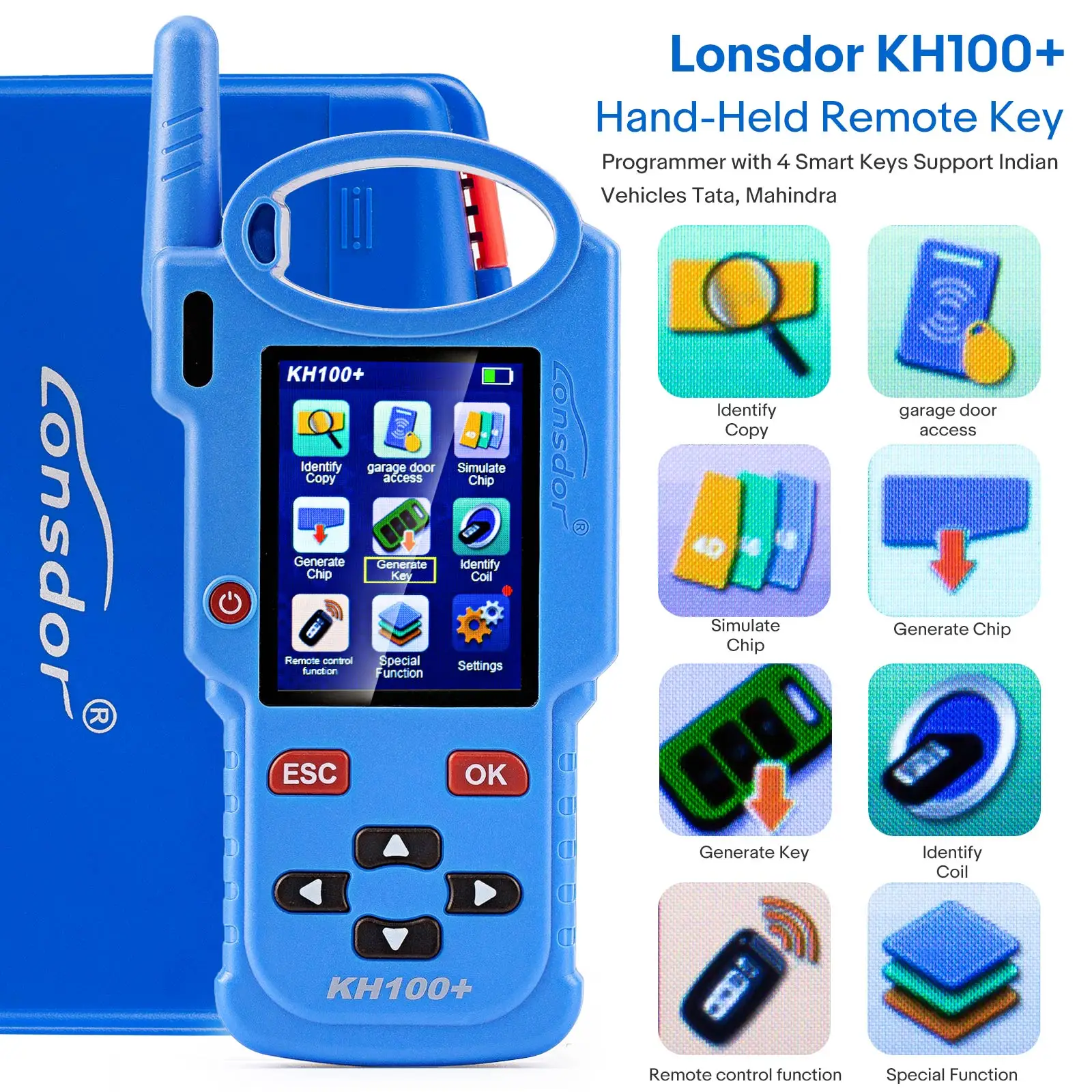 Lonsdor KH100+ Hand-Held Remote Programmer Blue Version Plus 4pcs Universal Remotes Newly Add Indian Models