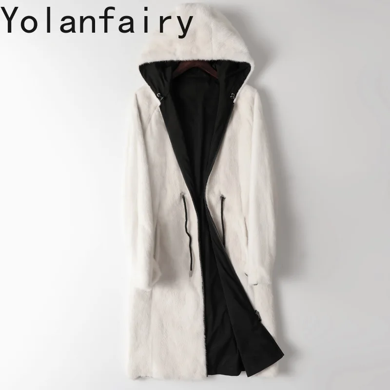 YOLANFAIRY Genuine Mink Fur Jacket Men Reversible Wearing Coats Hooded Mid-long Jackets Goose Down Winter Mens Clothes 2024