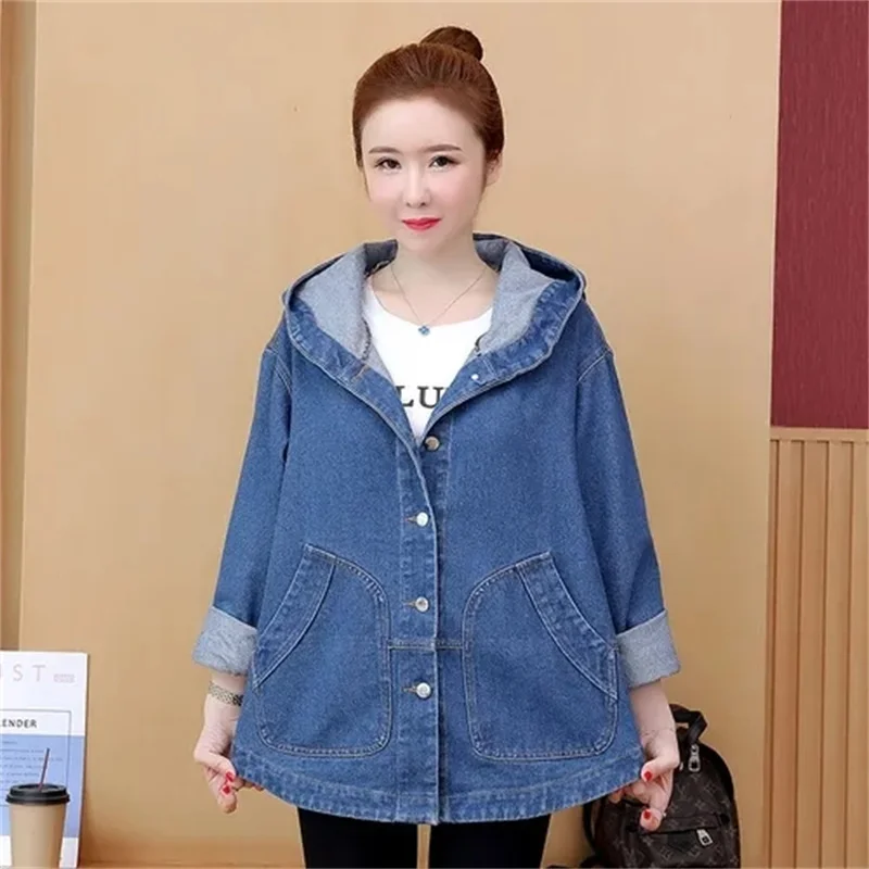 Jacket Women Spring Autumn 2024Cotton Long Denim Coat Korean Fashion Womens Hooded Outerwear Jeans Coat Loose Overcoat