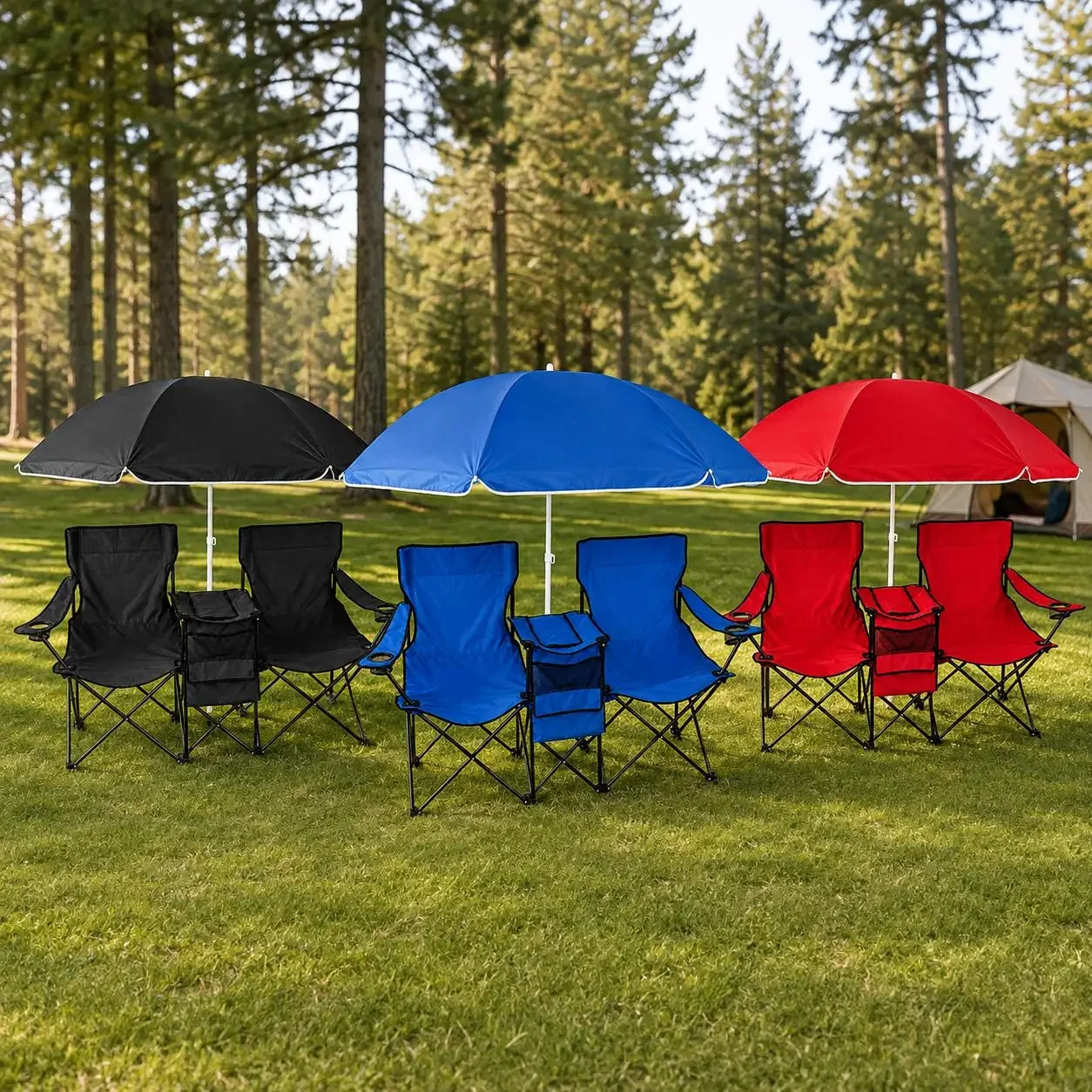 Portable 2-Person Folding Camping Chair Double Seat with Sunshade Canopy Insulated Cooler Bag Cup Holders Heavy Duty Steel Frame Travel Beach Picnic Fishing Chair for Outdoor Events Garden Patio Furniture