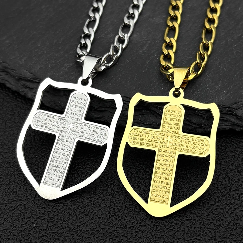 

Catholic Holy Bible Verse Lord's Prayer Shield Cross Pendant Necklace for Women Men Stainless Steel Spanish Chain Amulet Jewelry