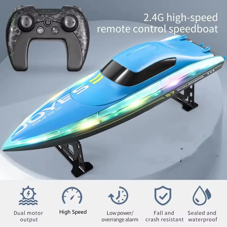 Barco lancha motora RC de alta velocidad, reinicio de tamaño grande de 30 KM/H, iluminación LED de 2,4G, advertencia de baja potencia, barco de Control remoto impermeable, juguete para niños