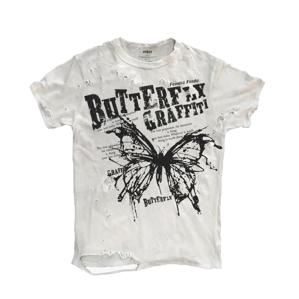 American Retro Style T-Shirt with Splashed Ink  And Hole Design Breathable Cotton Short Sleeve round Neck Top