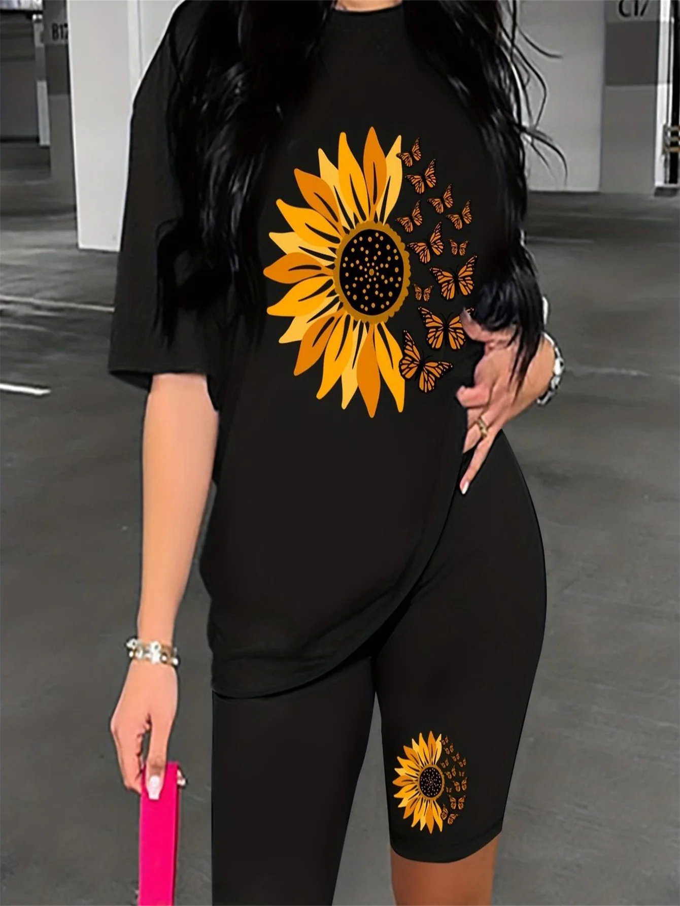 1pc femmes T-shirt grande taille femmes tournesol imprimé à manches courtes T-Shirt ensemble mode décontracté ensemble 0XL-4XL