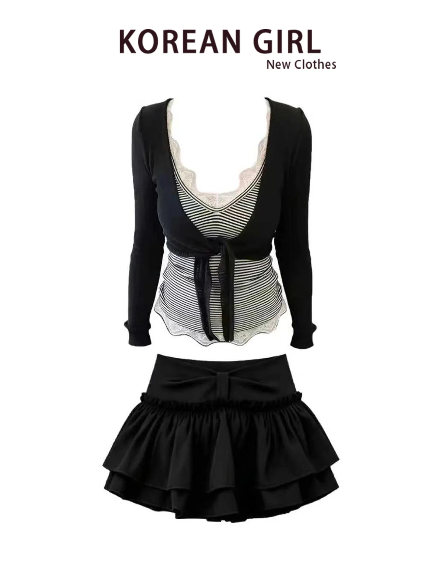 Sweet And Spicy Lace Patchwork Striped Strap Vest Women's Long Sleeve Belted Open Cardigan Cake Short Skirt Set Autumn Fashion
