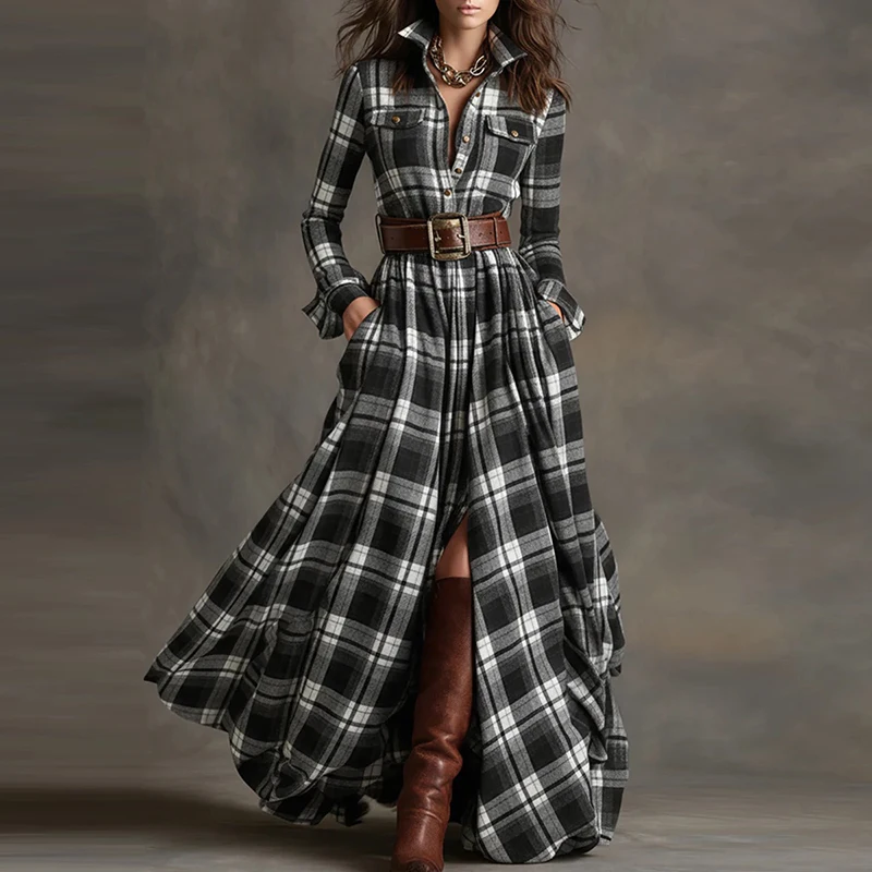 Boho Donna Abbigliamento Elegante Colletto della camicia Bottoni Abiti lunghi larghi Retro Nuovo plaid Stampa Tasca Altalena Autunno Maxi Dress Vestidos