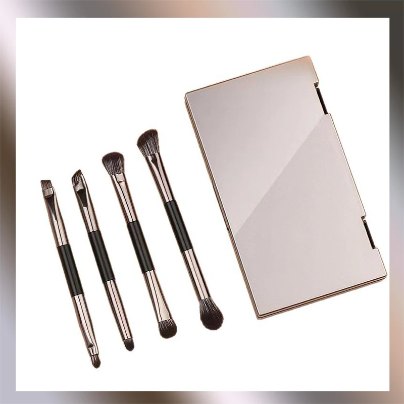 ポータブルメイクブラシセット、ミラー付き、旅行用ダブルヘッドアイシャドウ＆アイライナーブラシ、オールインワンコンパクトビューティーツール（4本）