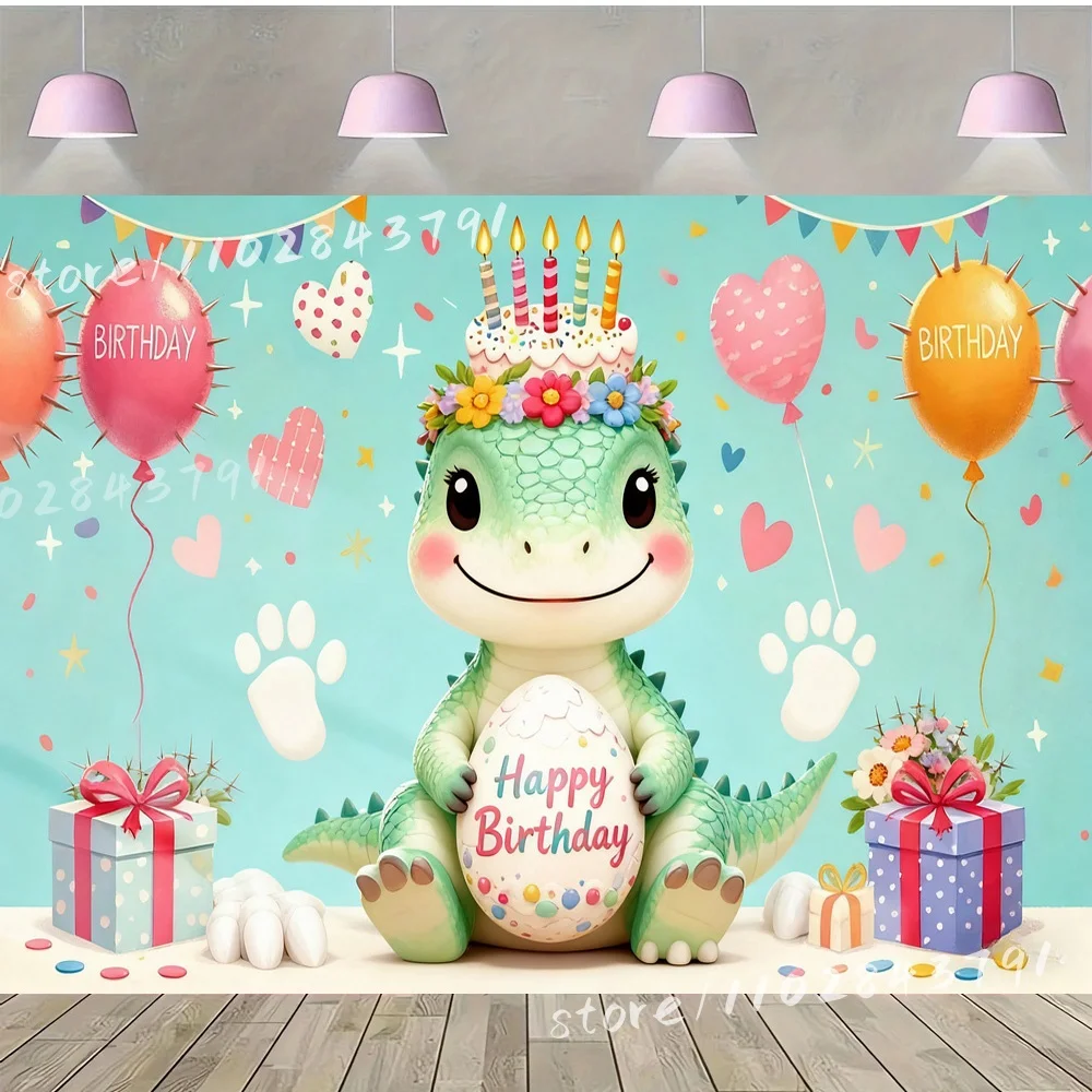 Adorable Blue Dragon Birthday Party Vinyl Backdrop Pink Balloons Flowers Gift Boxes Birthday Egg Background For Photo Booth