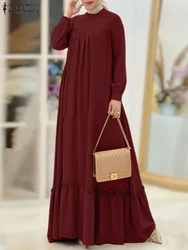 Elegant Women Muslim Dress Abaya ZANZEA Autumn Maxi Long Dress Robe Femme Long Sleeve Solid Ruffles Hem Sundress Dubai Vestidos