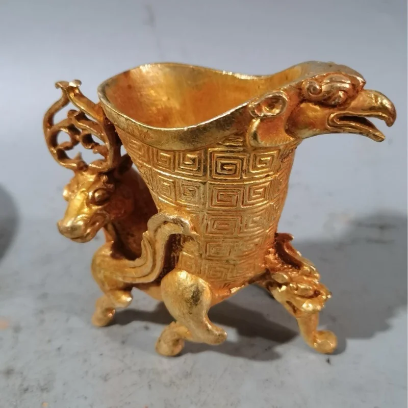 Antique Distressed Alloy Gilding Carved Deer Cup Gilding Decoration Living Room Antique Opening Gift Home Crafts