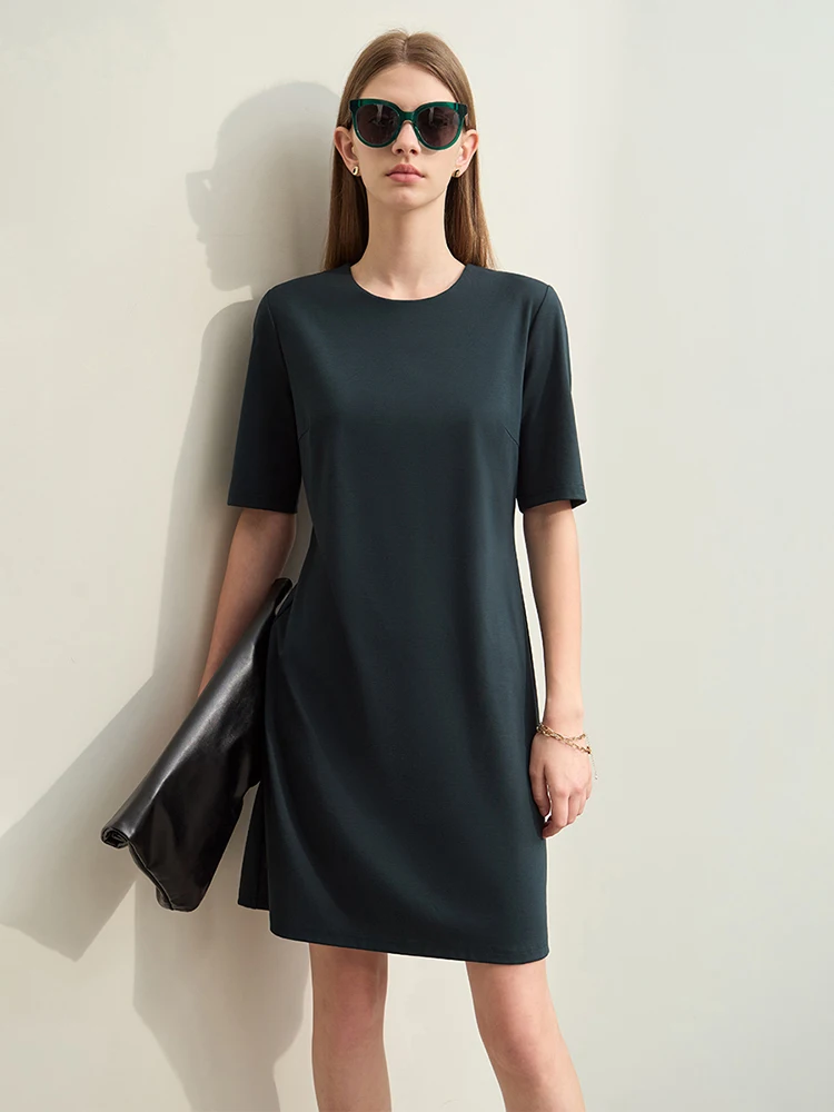 Amii Minimalism 2024 Summer Women Dresses Solid Commuter Short Sleeve Slim Roman Fabric Pullover O-Neck Dress for Women 12412015