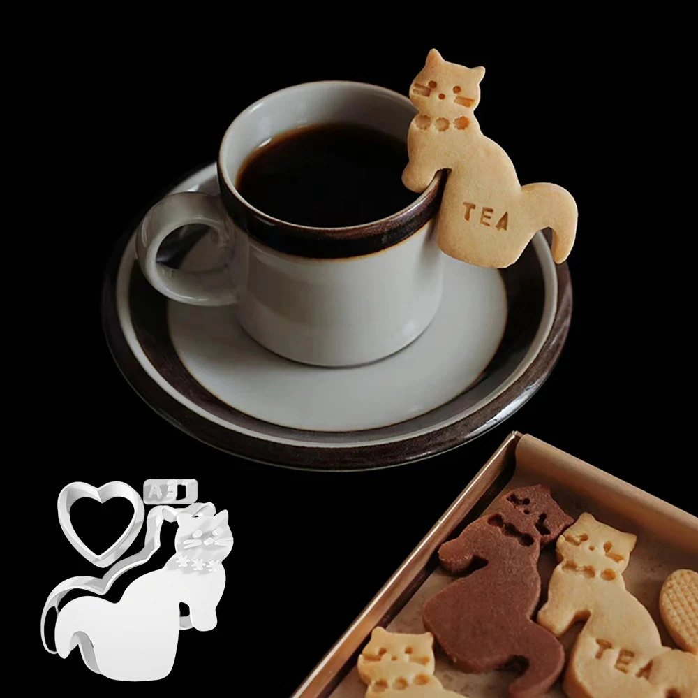 

Cute Hanging Cup Kitten Cookie Cutters Pressable Biscuit Mold DIY Kitchen Baking Pastry Bakeware