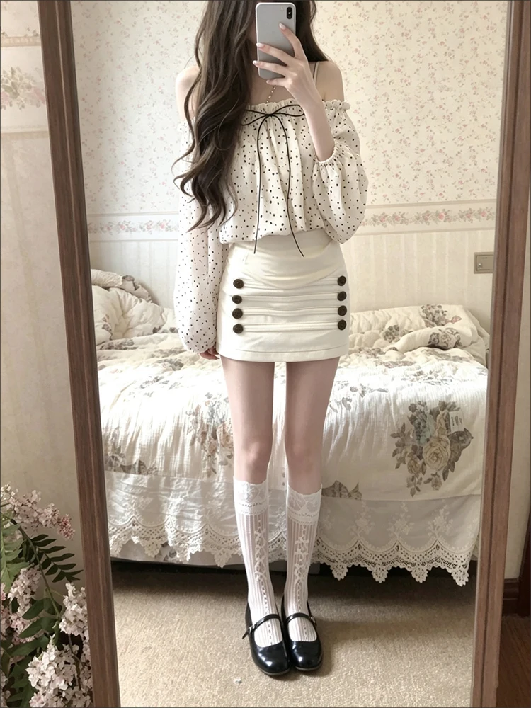 Sweet Korean Style One Shoulder Polka Dot Top And Skirt Set Women's Autumn Gentle Atmosphere Feeling Two Piece Set Fashionabl...