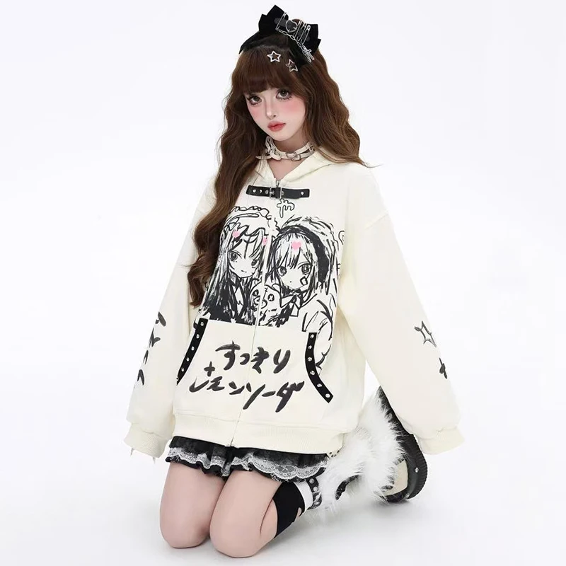 Harajuku Grunge Mode Goth Y2k Streetwear Druck Reiß verschluss Hoodie Mädchen Frauen Kleidung Langarm Anime Overs ize Hoodie weiblich