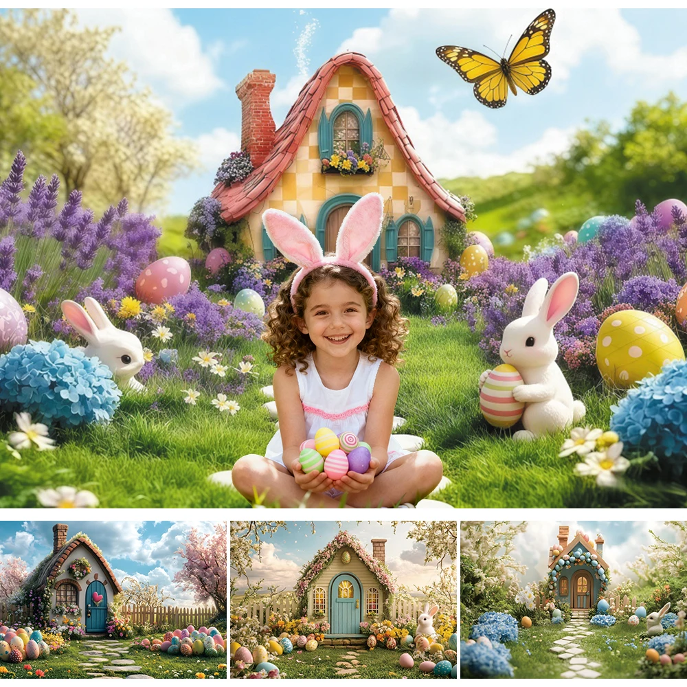 Spring Easter Cottage Photography Background Butterfly Meadow Bunny Egg Flower Kids Family Portrait Backdrop Photo Studio Props