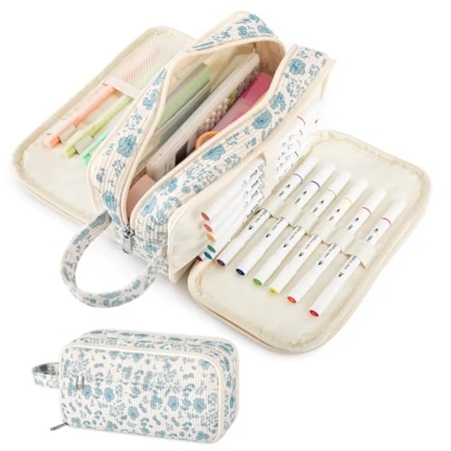 

Cute Corduroy Pencil Case with Handle, Extra Large 4 Compartment Multiple Pockets Aesthetic Pencil Pouch Organizer for Teen Gir