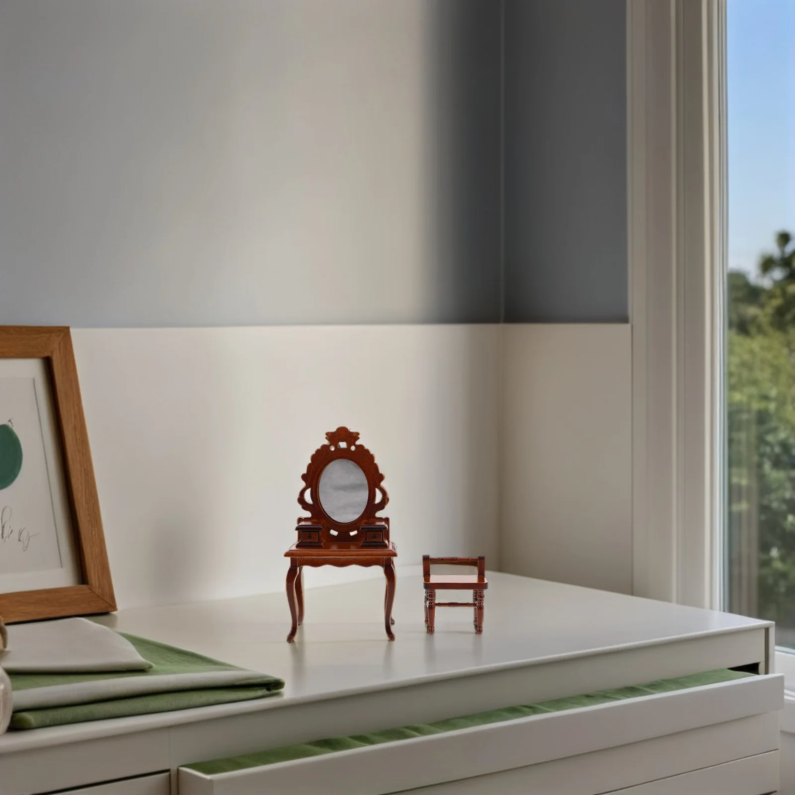 Retro miniatuurmeubilair: 1:12 schaal houten poppenhuis kaptafel set spiegelstoel voor vintage slaapkamer miniatuur