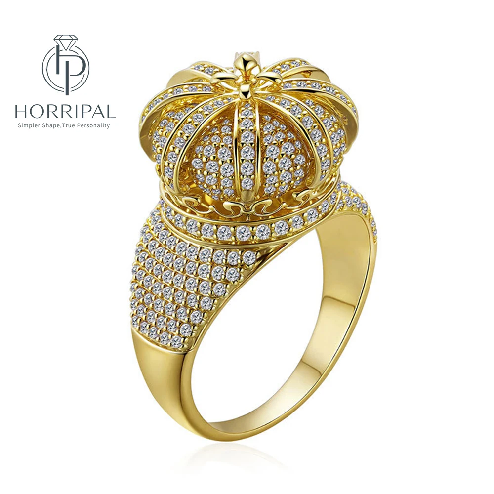 HORRIPAL Hip Hop 5A+ CZ Stone Paved Bling Ice Out Crown Copper Rings for Women Men18k gold plating Rapper Jewelry Party Gift