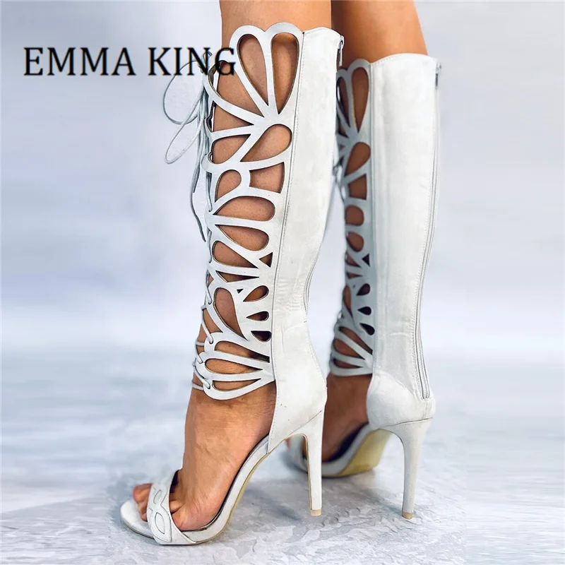 Women Cut Out Gladiator Sandal Boots Sexy Peep Toe High Heels Knee High Boots Back Zipper Hollow Out Nightclub Sandals 44