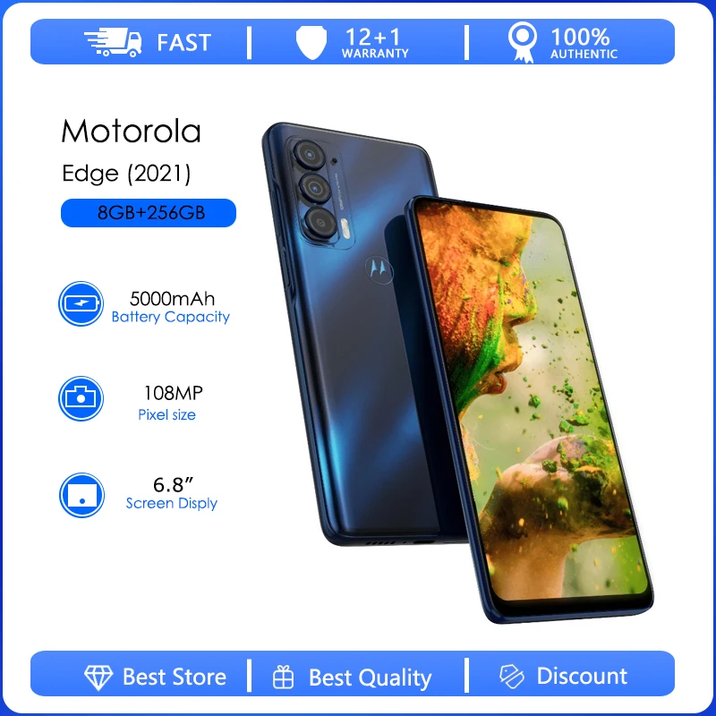 Original Unlocked Motorola Edge (2021) XT2141 One Sim 6GB RAM 256GB ROM Octa-core 108MP 6.8'' 5000mAh Android 11 NFC Smartphone