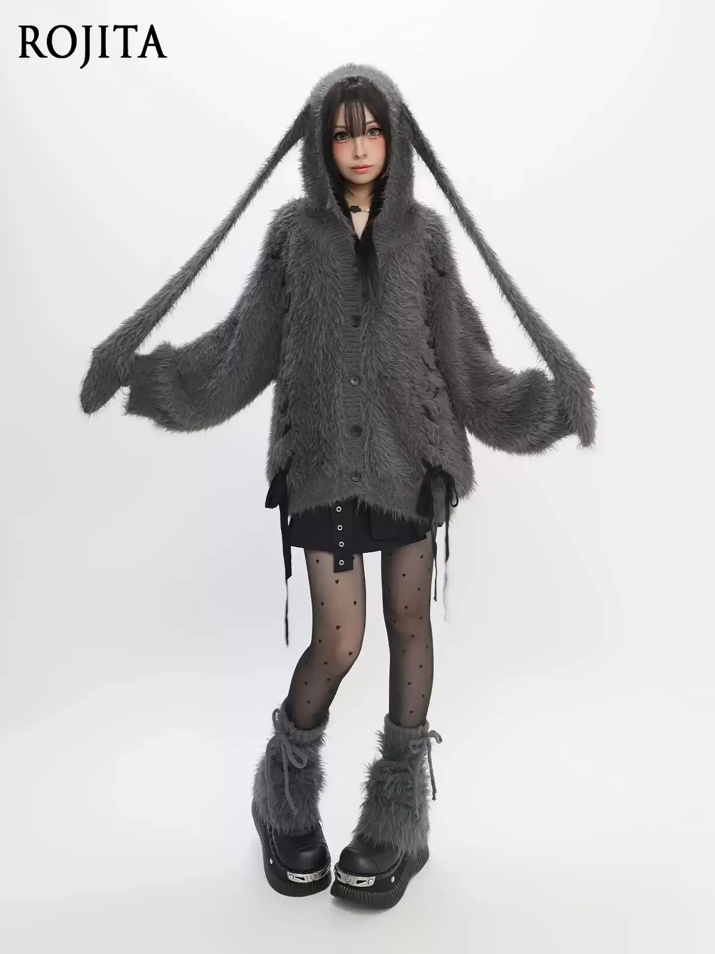 Women Y2K Fuzzy Faux Fur Hooded Cardigan With Ear Decor Lace Up Side Oversized Loose Gothic Knit Coat