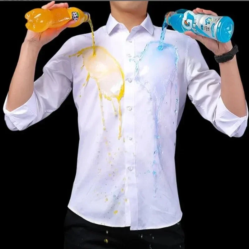 

Plus Size 8XL 7XL Men Business Shirt Hydrophobic Material Long Sleeve Anti-fouling Waterproof Bamboo Fiber Social Slim Fit Tops