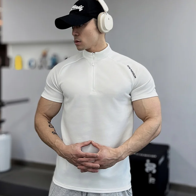 Spring quick-dry Fitness Compression T-shirt men Running Elastic short Sleeves tops half zip High neck Tight sports T-shirt