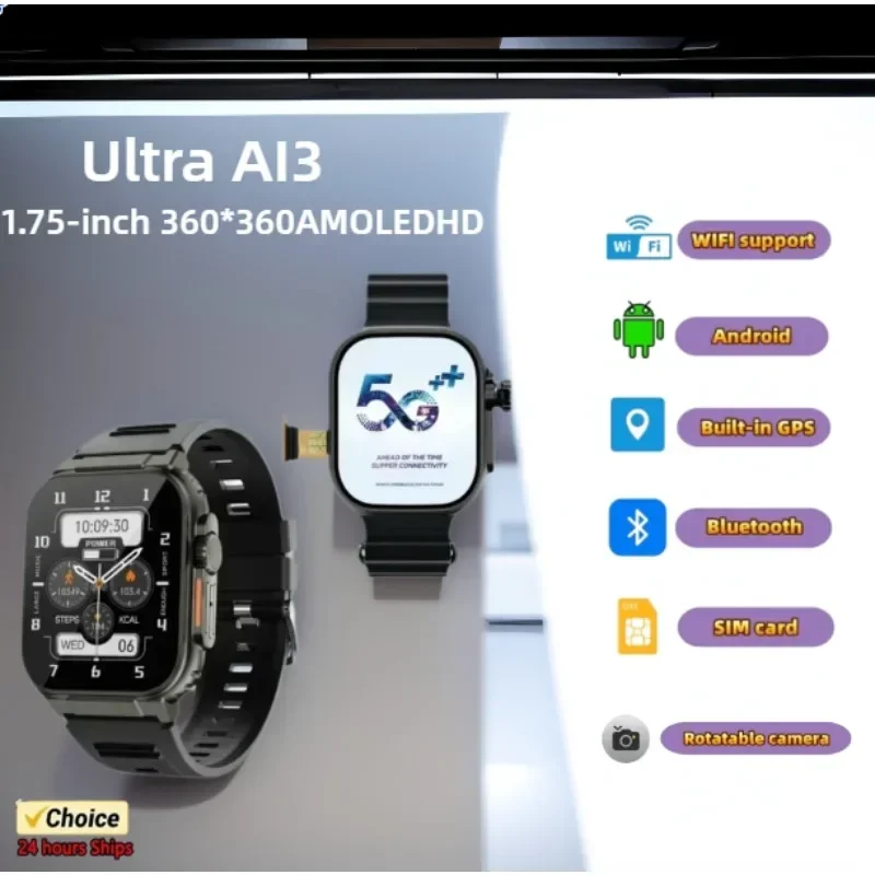 

Смарт-часы Microwear Ultra AI3 4G SIM-карта Android 2,2 дюйма 448*528 Amoled Мониторинг здоровья 180 ° Умные часы с поворотной камерой 256 ГБ