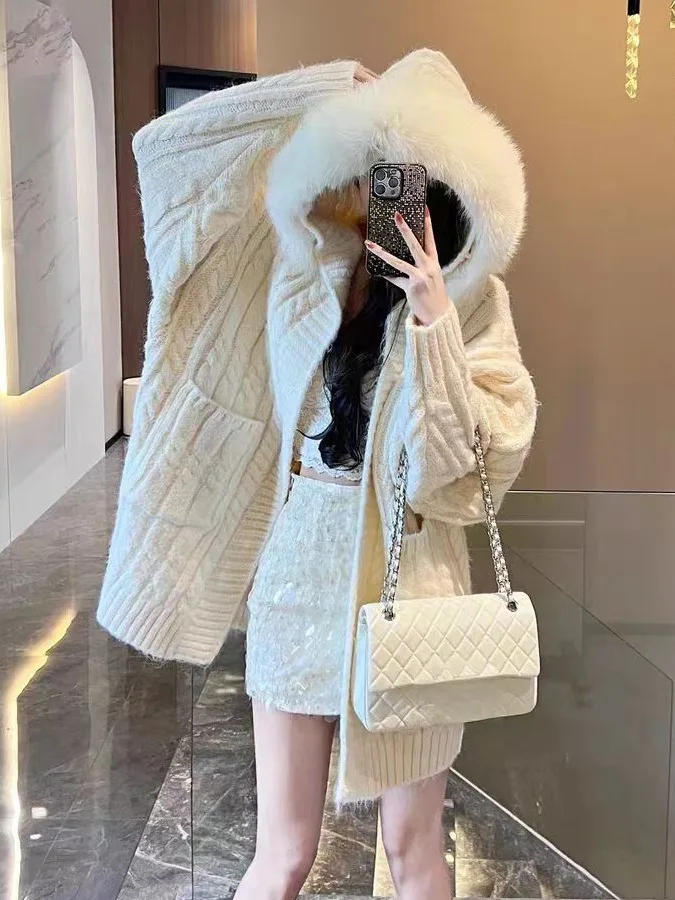 

Soft Open Cardigan Coat Women's Autumn Winter New Sle Long Sve Knitted Loose Middle Length Large Fur Collar Versatile Top