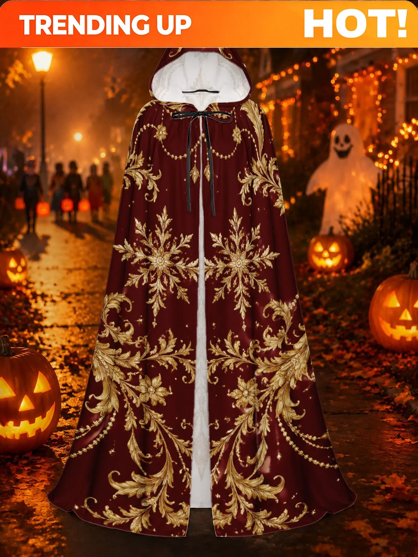 Customization 1pc Men' Baroque Golden Floral Cape Hooded Cloak - Hooded Costume Cape With Baroque Ornament Pattern, Loose-Fit Hi