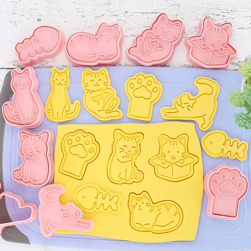 Juego de cortadores de galletas de gato, moldes de plástico 3D de dibujos animados para galletas, sello de galletas, herramienta de pastelería para