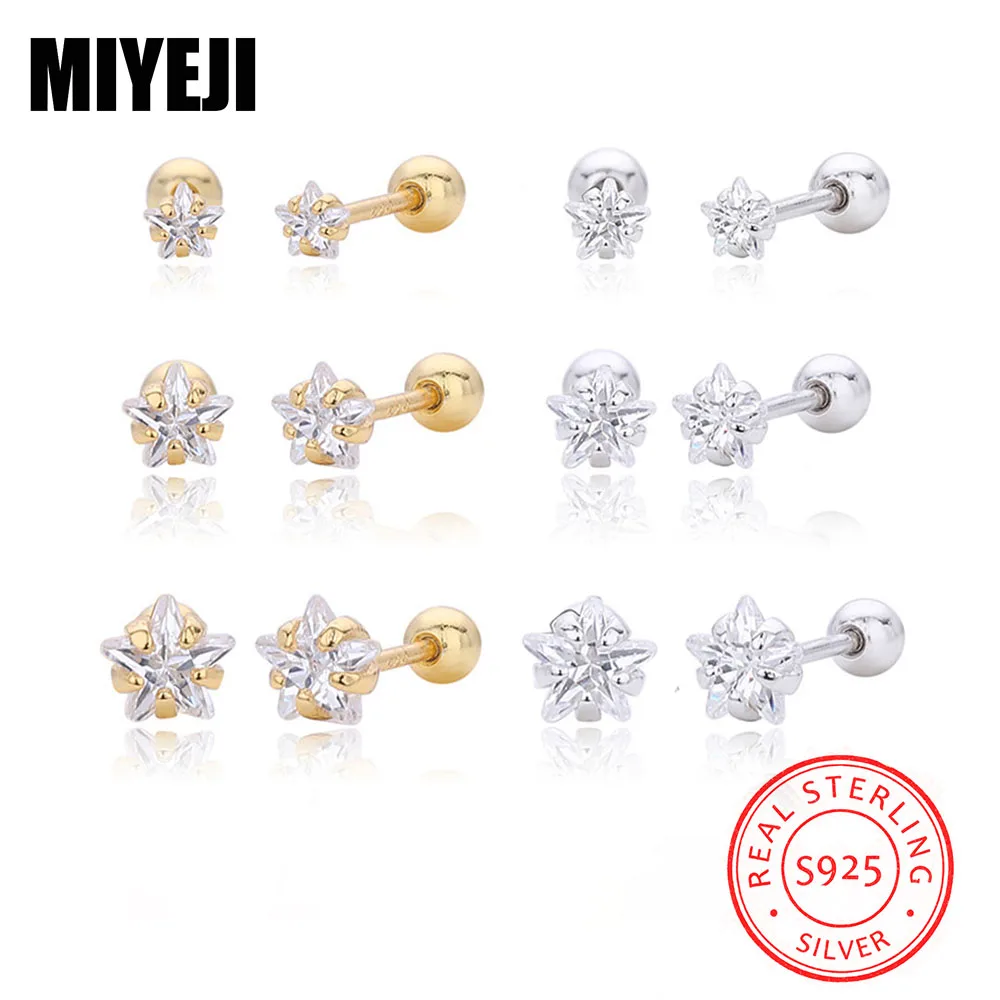 MIYEJI 100% Real 925 Sterling Silver 3/4/5mm CZ Zircon Star Bead Screw Stud Earrings For Women Party Classic Fine Jewelry Gift