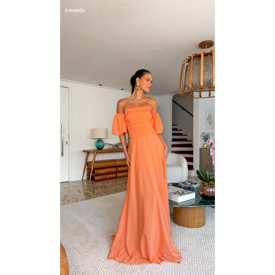 

Amanda Customized Orange Off Shoulder Prom Dress Puffed Sleeves Ruched Bodice Maxi Pockets Formal Evening vestidos de noche