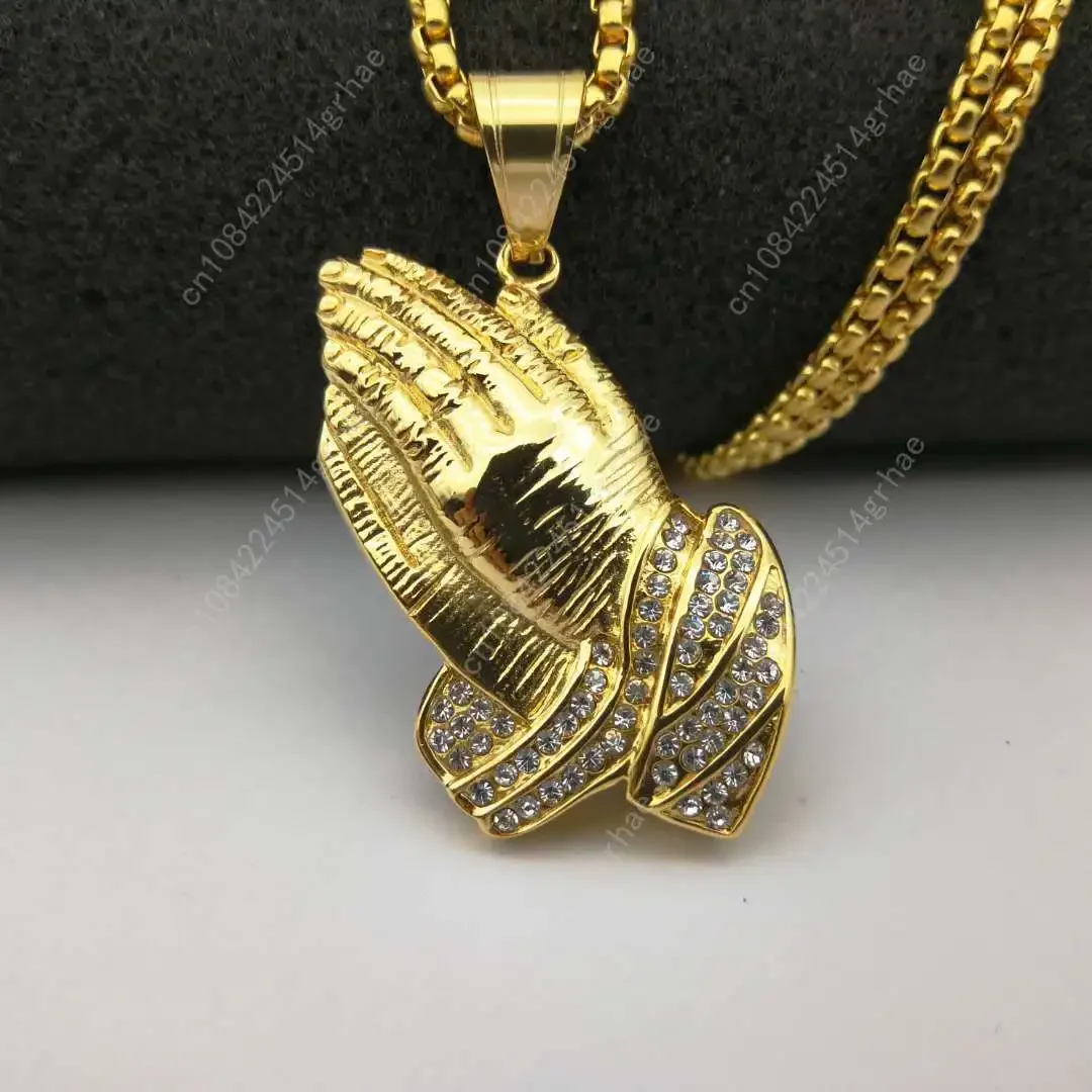 ヒップホップ 316Lステンレススチール ゴールドカラー フルクリスタル ダブルハンド プレイヤーペンダントネックレス ヒップホップ リンクチェーンネックレス メンズ