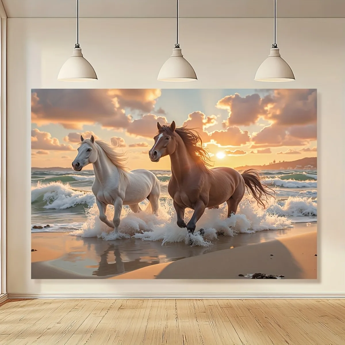 Sunset Beach Horses Tapestry Wall Hanging, White and Brown Stallions Running in Ocean Waves, Boho Home Decor for Living Room