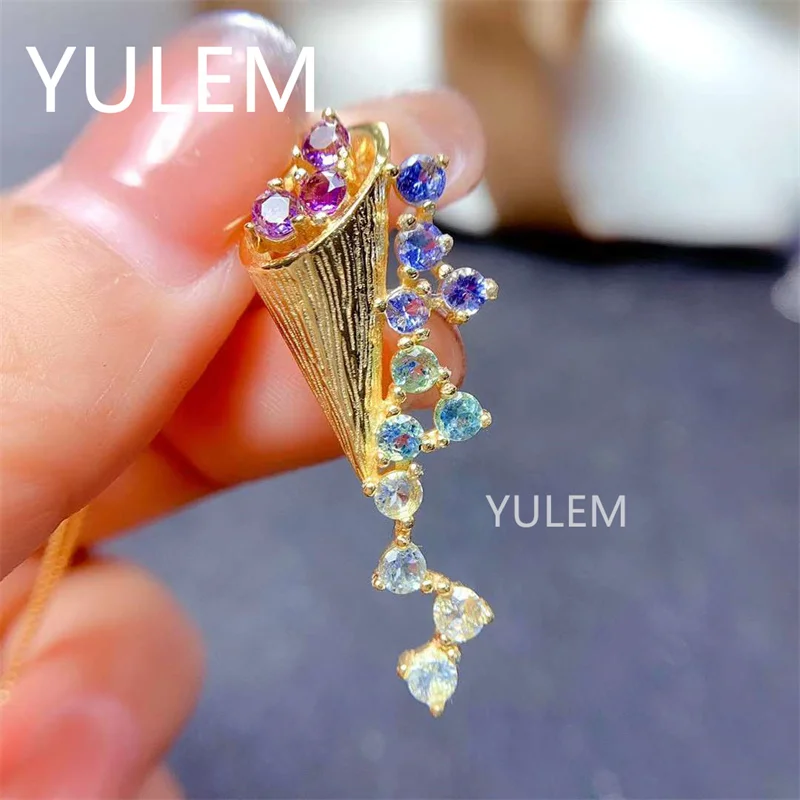 Simple Style Ice Cream Tanzanite and Amethyst Topaz Pendants Real 925 Sterling Silver Necklaces Pendant for Women Fine Jewelry