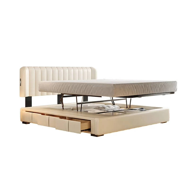 Leather bed small apartment cream wind piano keys double master bedroom high box translational storage bed