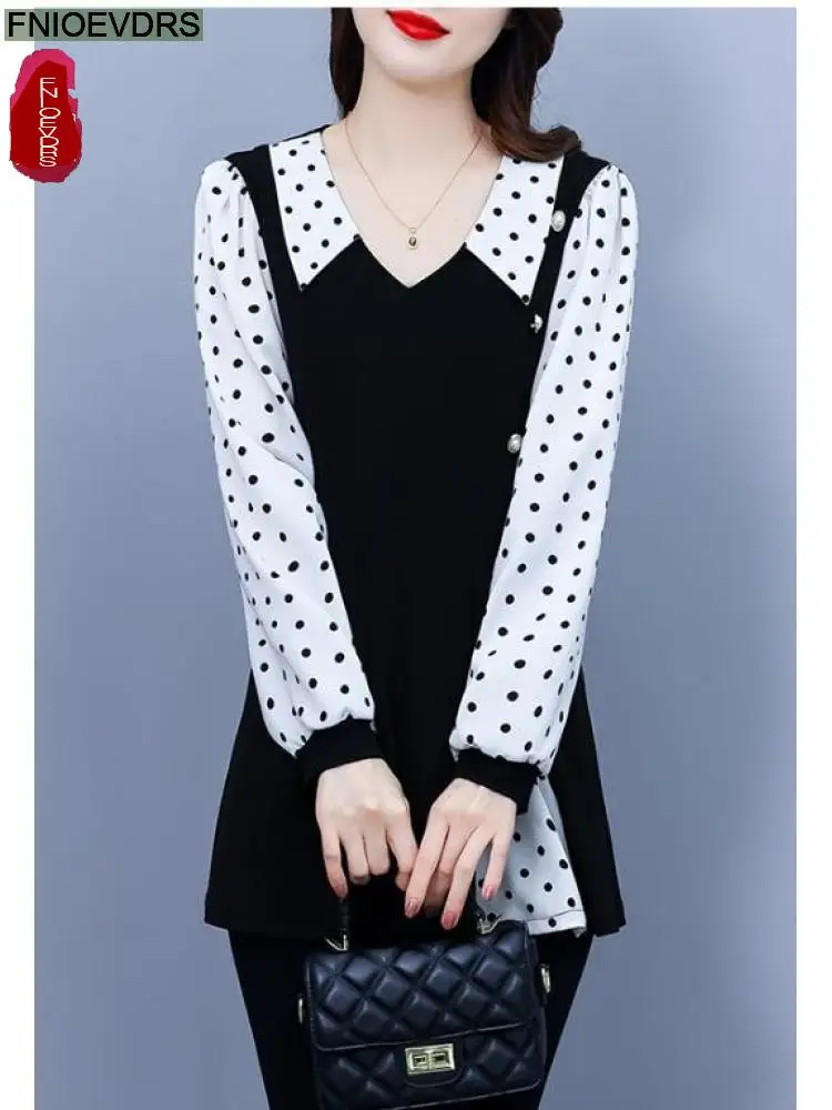 L-5XL 2024 Women European Style Office Lady Long Shirt Patchwork Leopard Print Dot Ruffle Belly Black Tunic Peplum Top Blouses