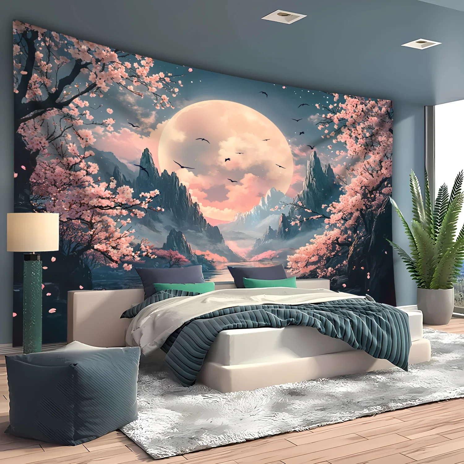 Sakura Mountain & Moon Scenic Tapestry Ultra Large Polyester Wall Hanging for Living Room, Bedroom, Office Decor | Includes