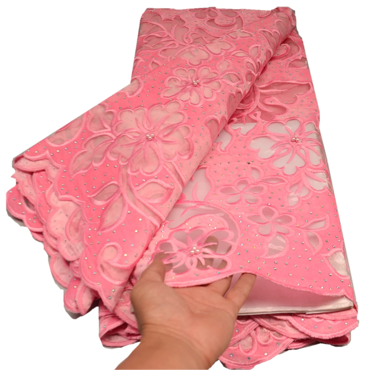 

Nigerian Pink Velvet Lace Fabric with Stones, High Quality African Lace Fabric, Sew Wedding Occasions Wear, 5Yards 94364